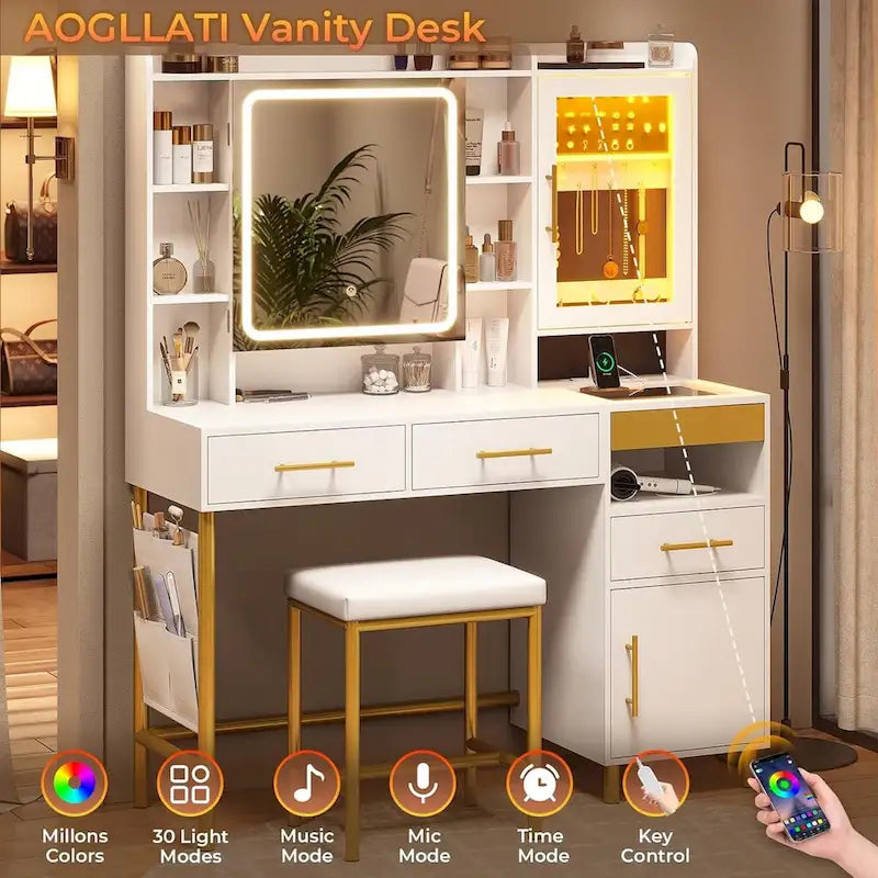 Makeup Vanity Set with Hidden Storage Space and Jewelry Cabinet