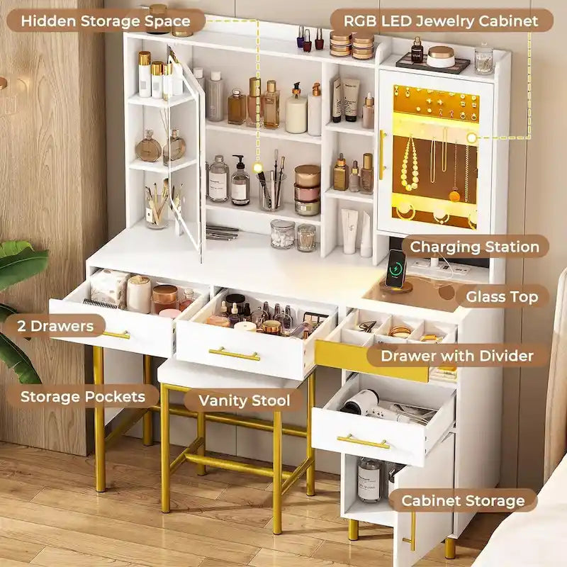 Makeup Vanity Set with Hidden Storage Space and Jewelry Cabinet