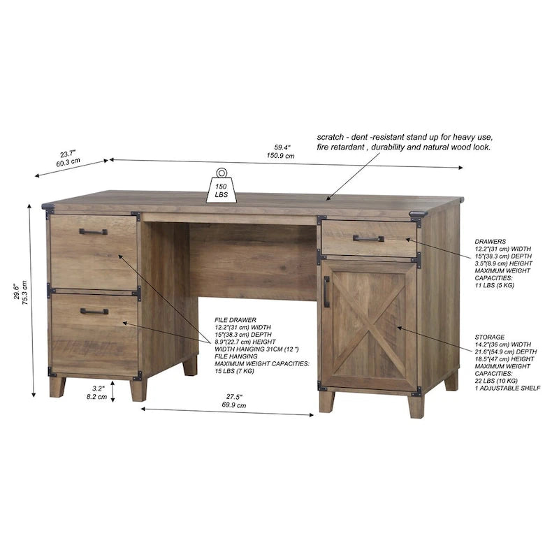 Oxford Farmhouse Rustic Oak Executive desk