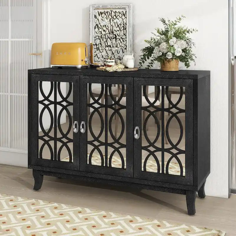3 Door Mirrored Buffet Cabinet with Silver Handle for Living room and Dining