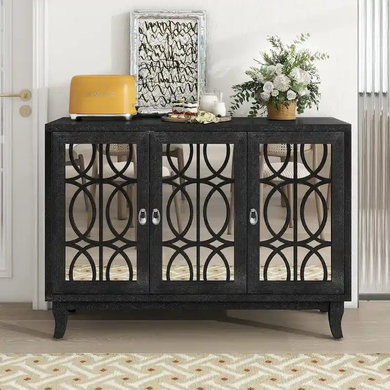 3 Door Mirrored Buffet Cabinet with Silver Handle for Living room and Dining