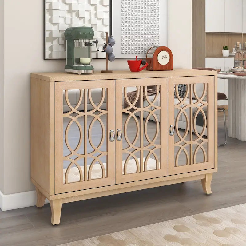 3 Door Mirrored Buffet Cabinet with Silver Handle for Living room and Dining