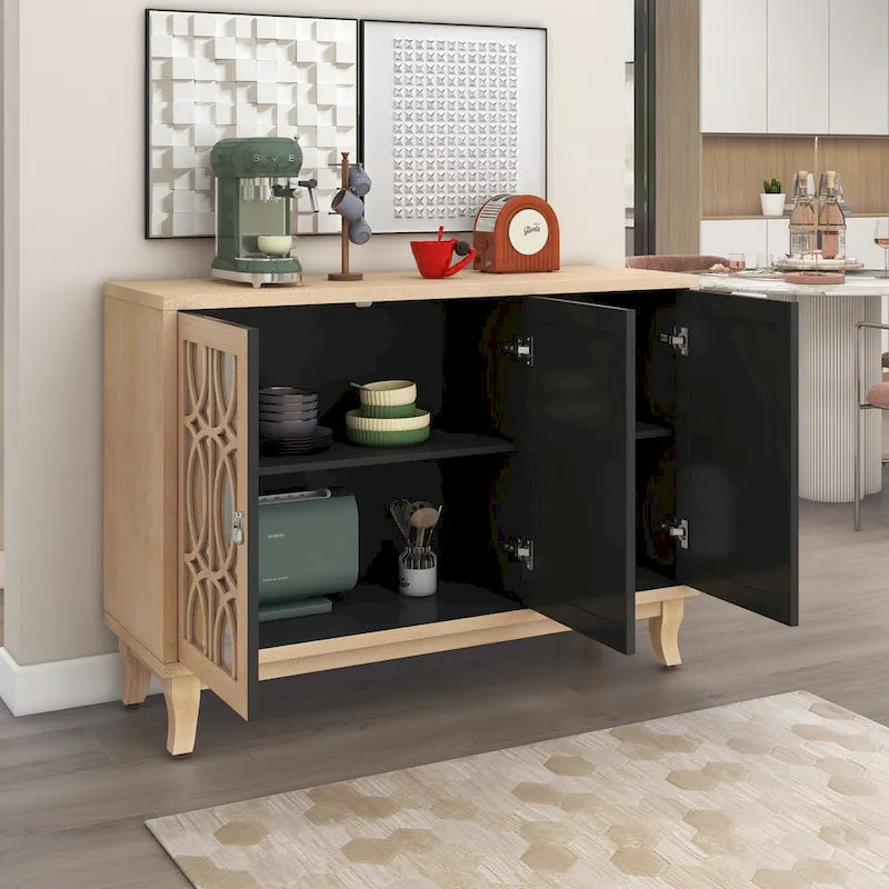 3 Door Mirrored Buffet Cabinet with Silver Handle for Living room and Dining