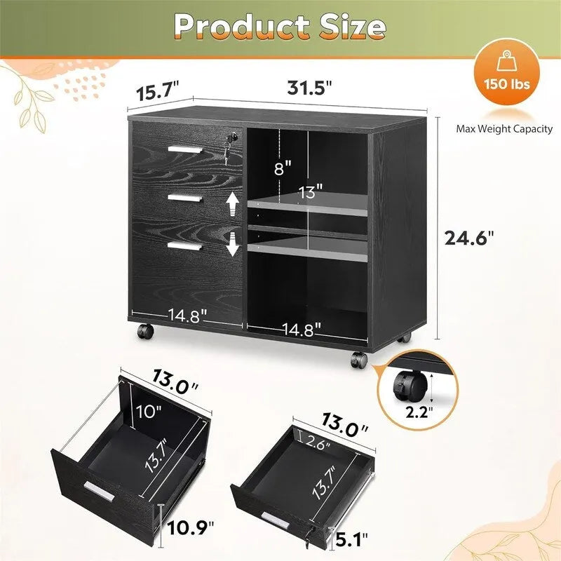 3-Drawer Wood File Cabinet with Lock - 15.7D x 31.3W x 24.7H
