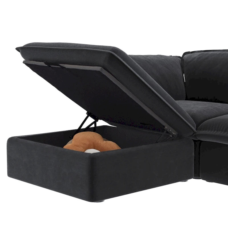 L-shape Linen Multiple Cushions Sofa Upholstered Sectional Sofa with Storage Ottoman
