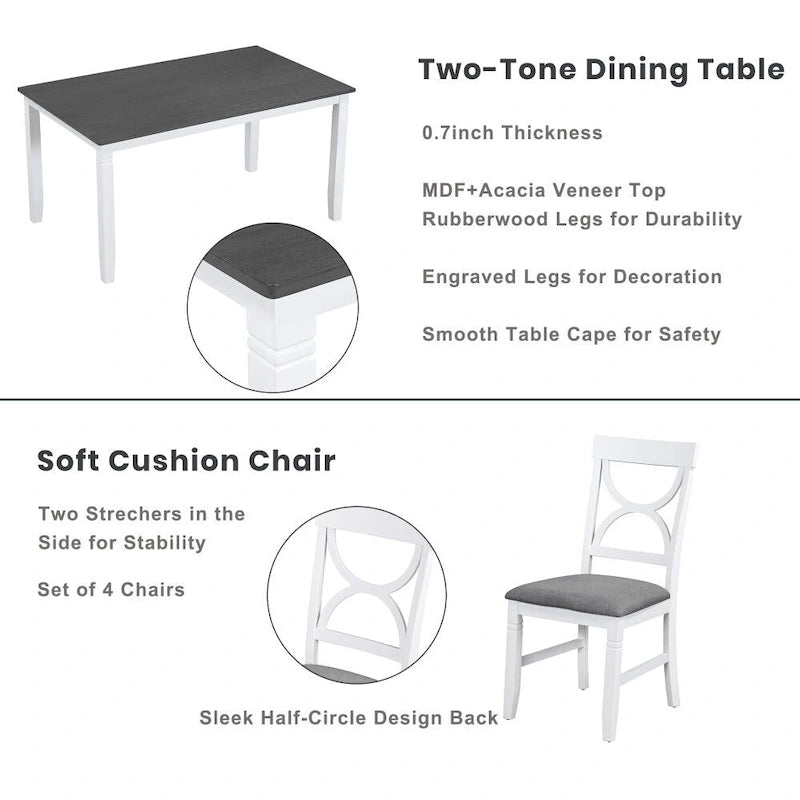 6-Piece Wood Dining Table Set Kitchen Table Set with Upholstered Bench and 4 Dining Chairs