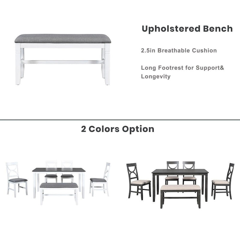 6-Piece Wood Dining Table Set Kitchen Table Set with Upholstered Bench and 4 Dining Chairs