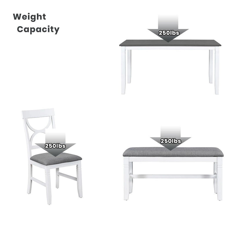 6-Piece Wood Dining Table Set Kitchen Table Set with Upholstered Bench and 4 Dining Chairs
