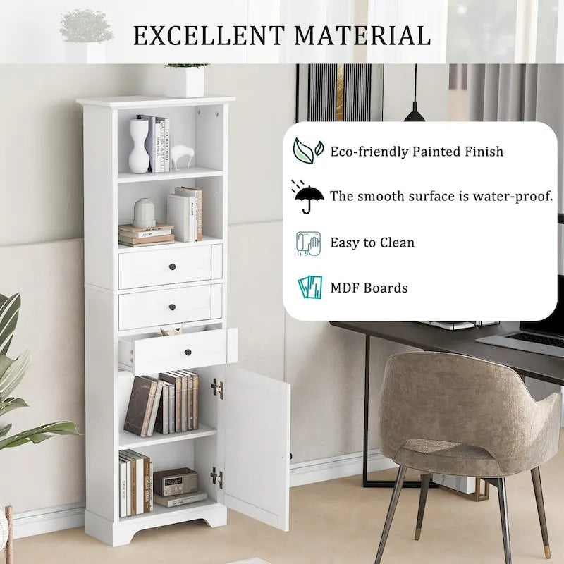 10 in. W x 22 in. D x 68.3 in. H White MDF Linen Cabinet with 3 Drawers and Adjustable Shelves