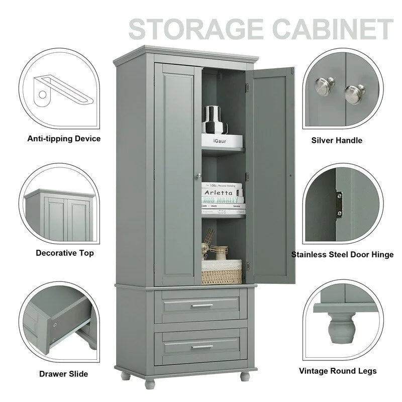 White Tall Kitchen Storage Cabinet with Two Drawers for Bathroom,Office