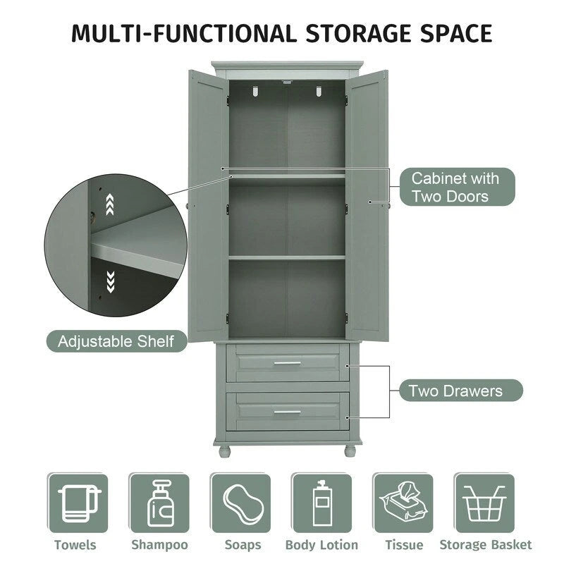 White Tall Kitchen Storage Cabinet with Two Drawers for Bathroom,Office