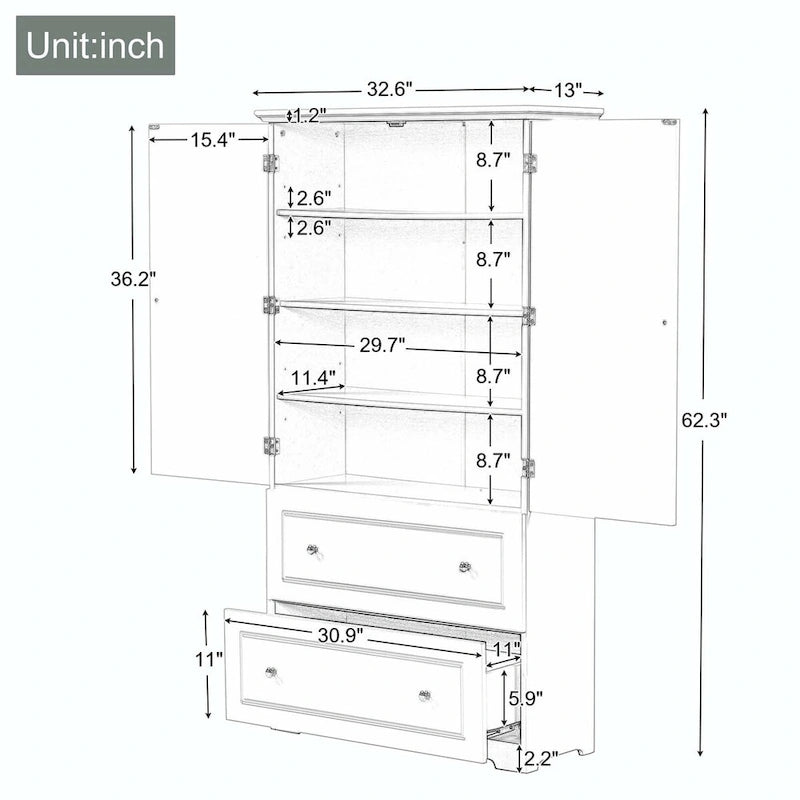 Tall Bathroom Storage Cabinet with Drawers and Adjustable Shelf