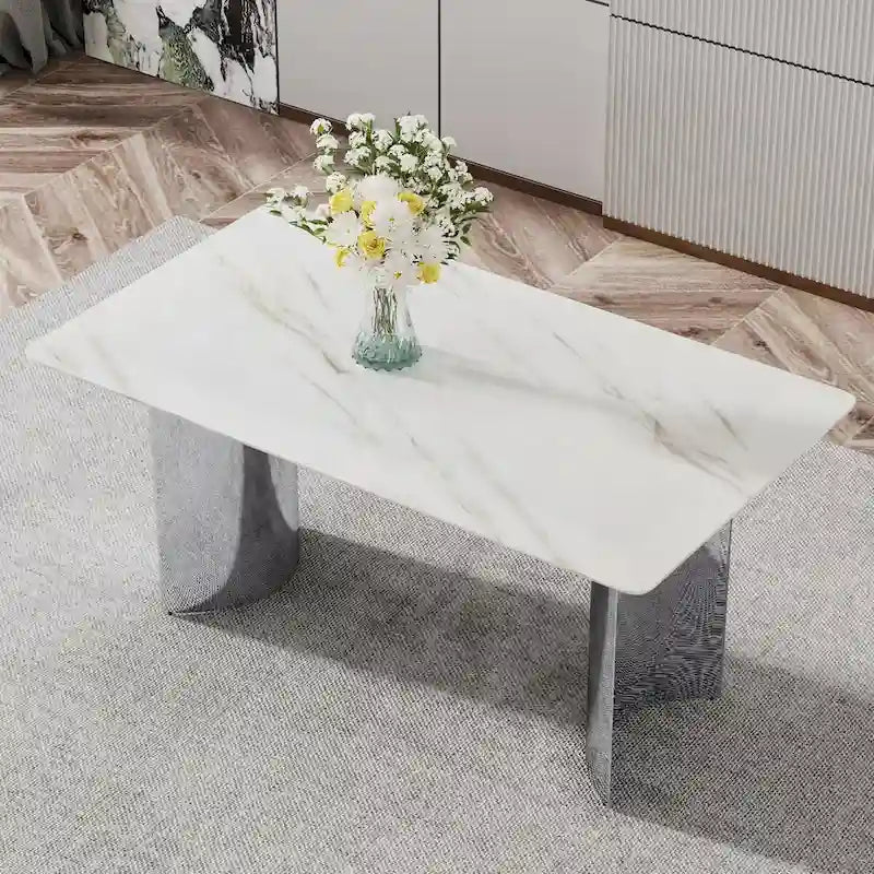 Modern minimalist dining table. White imitation marble glass sticker desktop