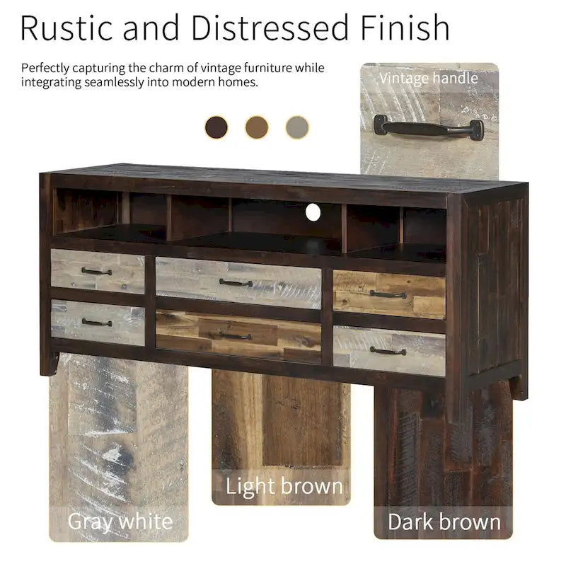 Retro Distressed Wooden TV Stand for TVs up to 65 Inches, Entertainment Center Media Console with 6 Drawers and 3 Shelves
