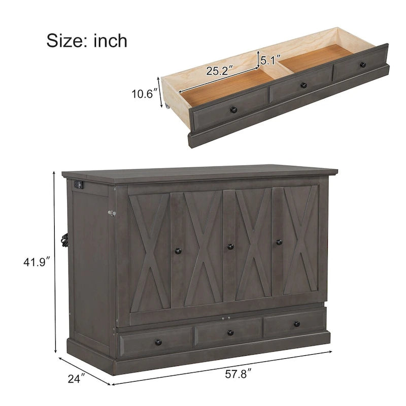Solid Pine Murphy Bed Chest Cube Cabinet Bed with Charging Station and Large Storage Drawer for or Small Room,Full