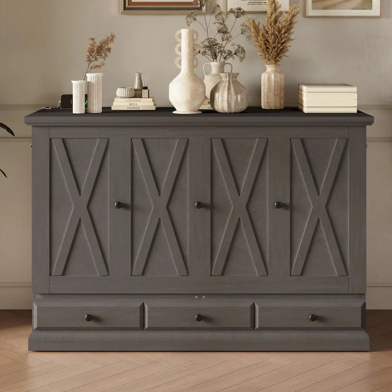 Solid Pine Murphy Bed Chest Cube Cabinet Bed with Charging Station and Large Storage Drawer for or Small Room,Full