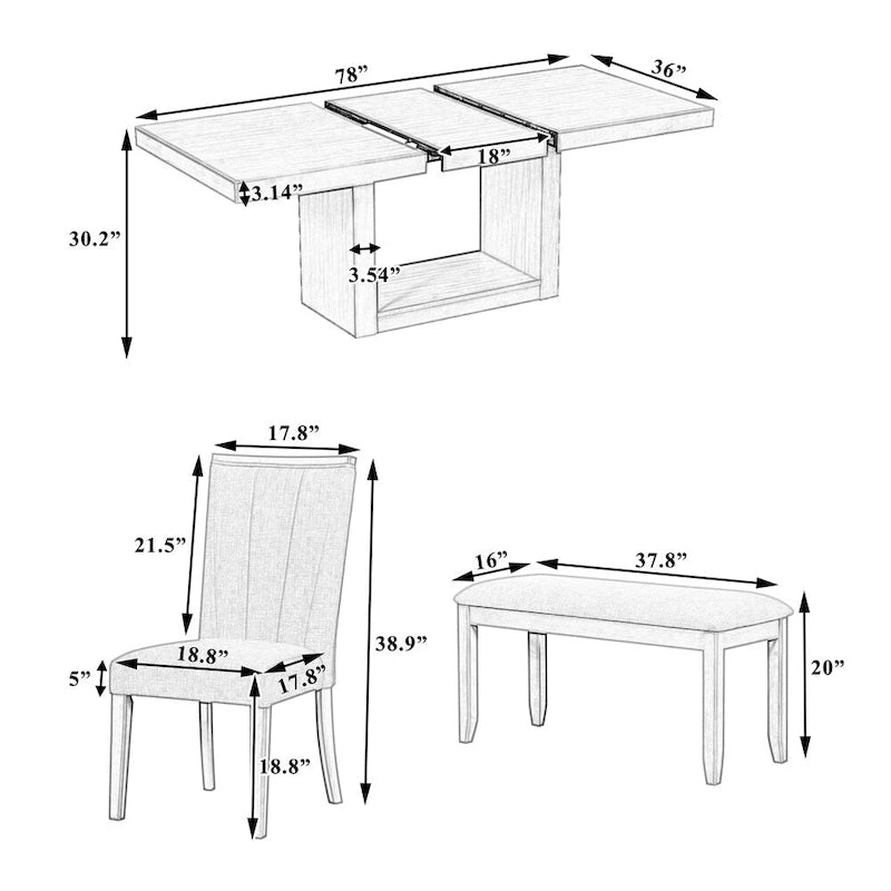 Contemporary 6-Piece 78inch Extendable Pedestal Dining Table Set