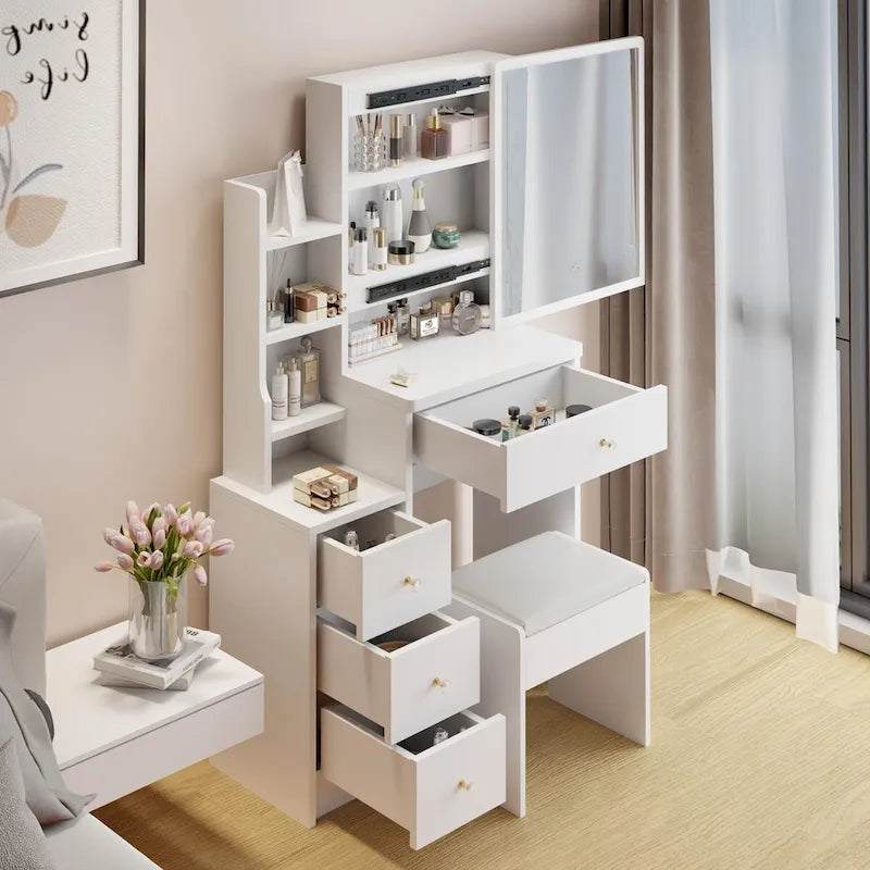 Small Space Vanity Table with Cushioned Stool