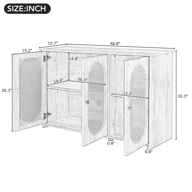 Rattan Doors and Metal Handles Sideboard with Large Storage Space