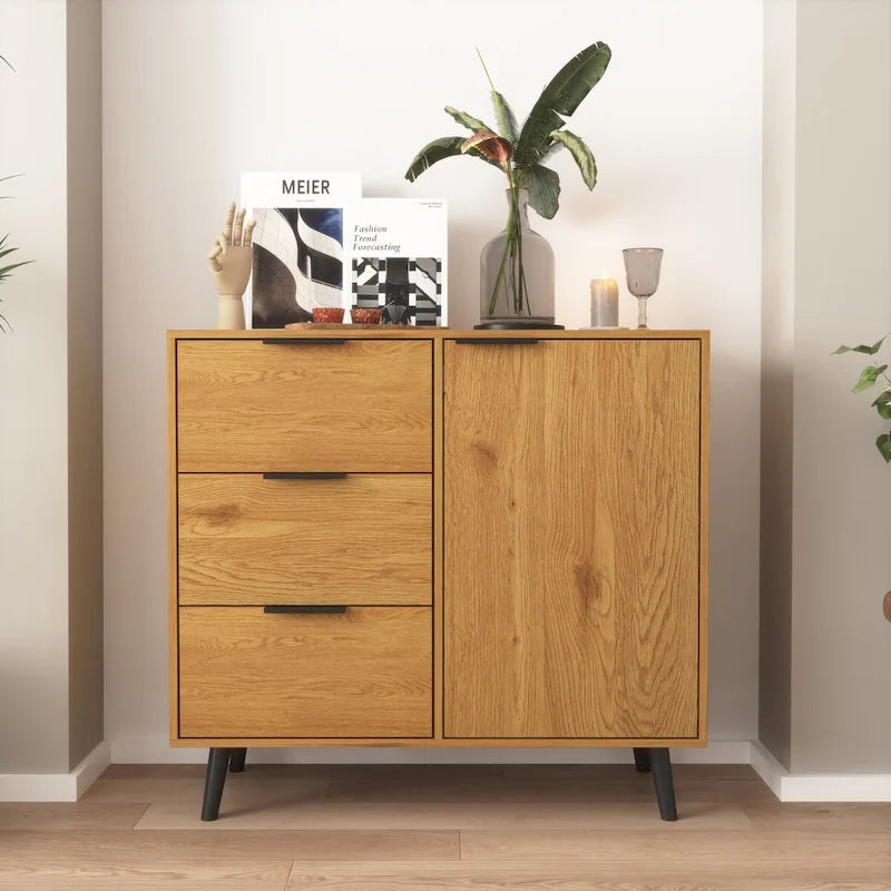 Storage Cabinet with 3 Drawers & Adjustable Shelf, Mid Century Cabinet with Door, Accent Cabinet, Natural Wood Color