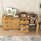 Storage Cabinet with 3 Drawers & Adjustable Shelf, Mid Century Cabinet with Door, Accent Cabinet, Natural Wood Color