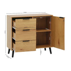 Storage Cabinet with 3 Drawers & Adjustable Shelf, Mid Century Cabinet with Door, Accent Cabinet, Natural Wood Color