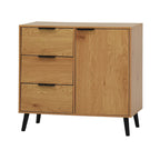 Storage Cabinet with 3 Drawers & Adjustable Shelf, Mid Century Cabinet with Door, Accent Cabinet, Natural Wood Color