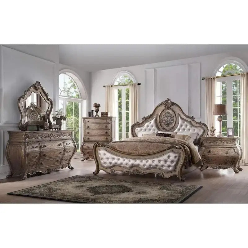 Faux Leather Bed with Button Tufted in Vintage Oak Finish